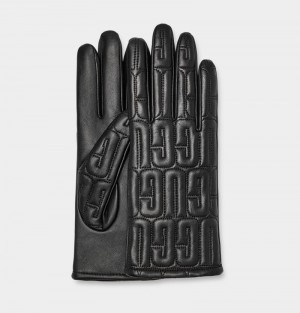 Black Ugg Leather Quilted Logo Women's Gloves | South Africa-8357406