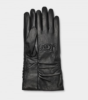 Black Ugg Leather Scrunched Logo Women's Gloves | South Africa-5486137