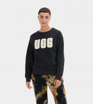 Black / Cream Ugg Madeline Fuzzy Logo Crewneck Women's Sweatshirts | South Africa-0518764