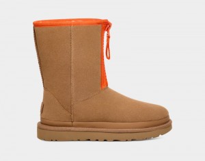 Brown Ugg Classic Short Zipper Tape Logo Women's Boots | South Africa-2478035