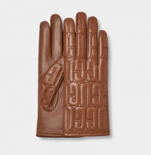 Brown Ugg Leather Quilted Logo Women's Gloves | South Africa-0194583