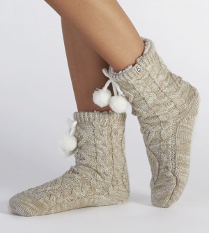 Cream Ugg Pom Pom Fleece Lined Crew Women's Socks | South Africa-1634598