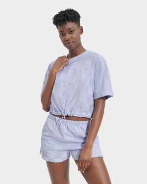 Purple Ugg Teagin Short Sleeve Check Women's Tops | South Africa-4358170