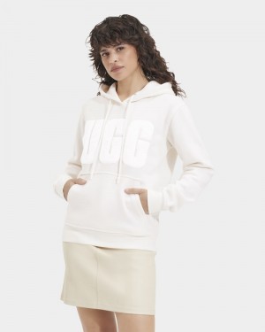 White Ugg Rey Fuzzy Logo Women's Hoodie | South Africa-8459630