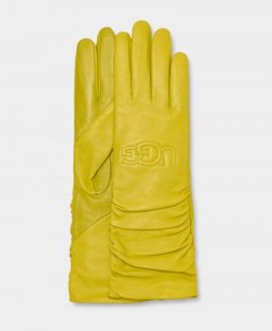 Yellow Ugg Leather Scrunched Logo Women's Gloves | South Africa-4089763