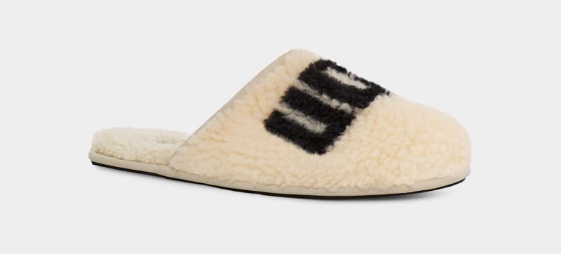 Beige Ugg Scuff Curly Graphic Men's Slippers | South Africa-4032819