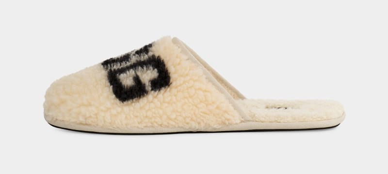 Beige Ugg Scuff Curly Graphic Men's Slippers | South Africa-4032819