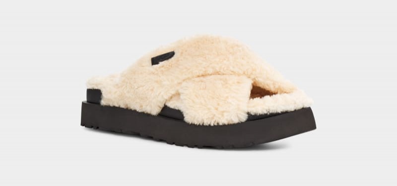 Beige / Black Ugg Fuzz Sugar Cross Women's Slides | South Africa-2605194