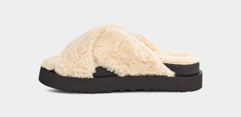 Beige / Black Ugg Fuzz Sugar Cross Women's Slides | South Africa-2605194