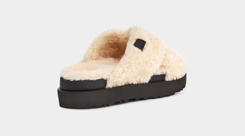 Beige / Black Ugg Fuzz Sugar Cross Women's Slides | South Africa-2605194