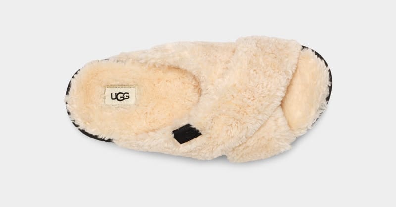 Beige / Black Ugg Fuzz Sugar Cross Women's Slides | South Africa-2605194