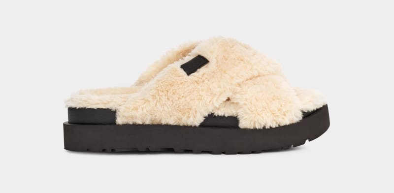 Beige / Black Ugg Fuzz Sugar Cross Women\'s Slides | South Africa-2605194