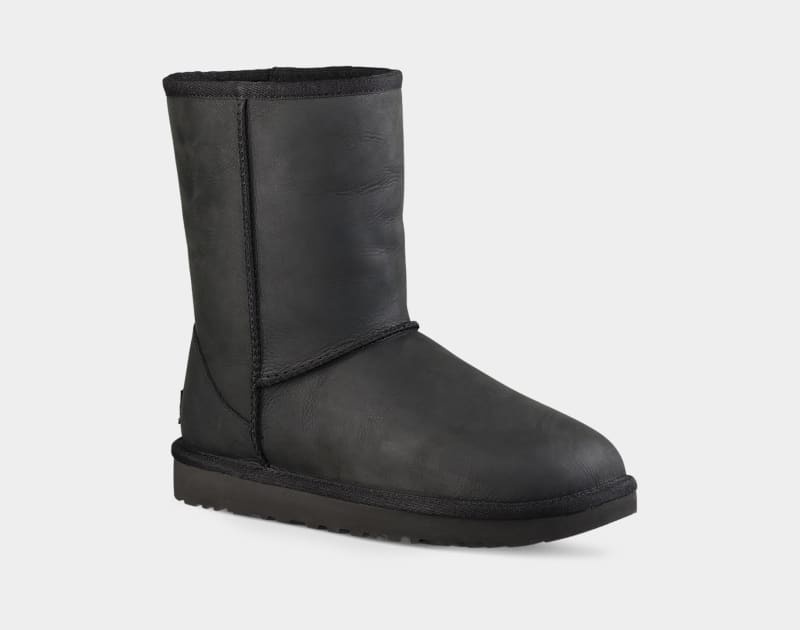 Black Ugg Classic Short Leather Women's Boots | South Africa-9456187