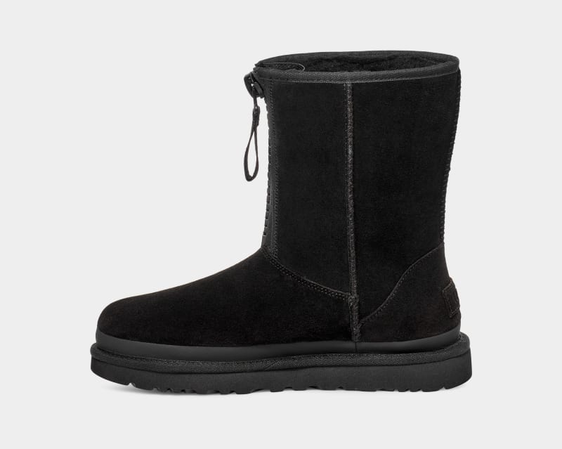 Black Ugg Classic Short Zipper Tape Logo Women's Boots | South Africa-7349561