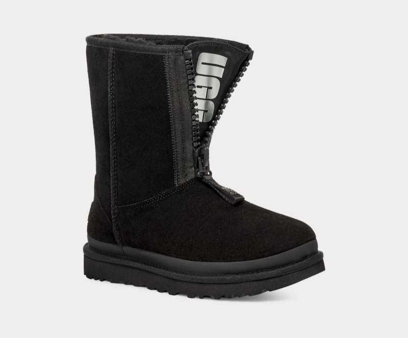 Black Ugg Classic Short Zipper Tape Logo Women's Boots | South Africa-7349561