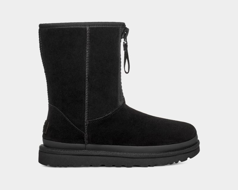 Black Ugg Classic Short Zipper Tape Logo Women\'s Boots | South Africa-7349561