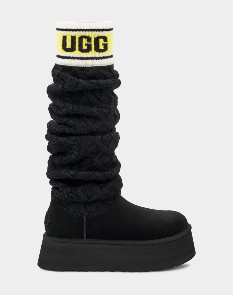 Black Ugg Classic Sweater Letter Tall Women\'s Winter Boots | South Africa-4609385