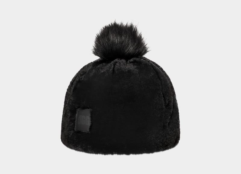 Black Ugg Faux Fur W Pom Women's Beanie | South Africa-7340561