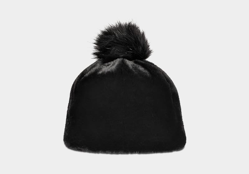 Black Ugg Faux Fur W Pom Women\'s Beanie | South Africa-7340561