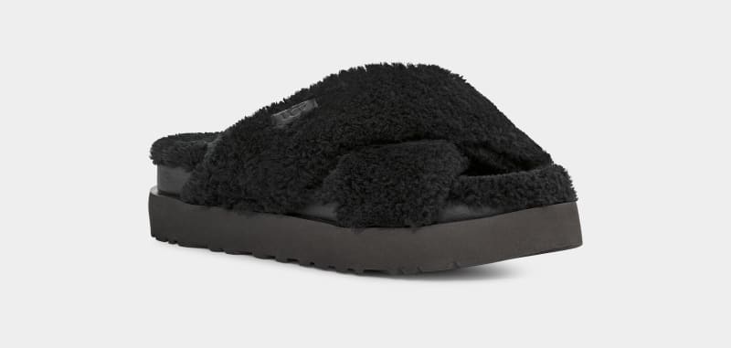 Black Ugg Fuzz Sugar Cross Women's Slides | South Africa-4179203