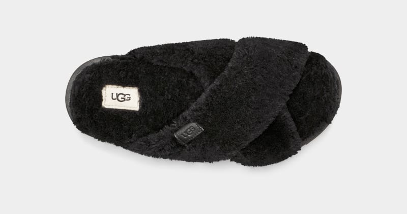 Black Ugg Fuzz Sugar Cross Women's Slides | South Africa-4179203