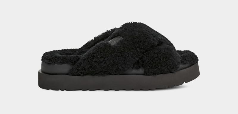 Black Ugg Fuzz Sugar Cross Women\'s Slides | South Africa-4179203