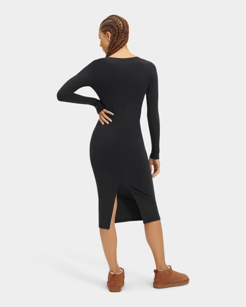 Black Ugg Sariah Ribbed Long Sleeve Women's Dress | South Africa-8563421