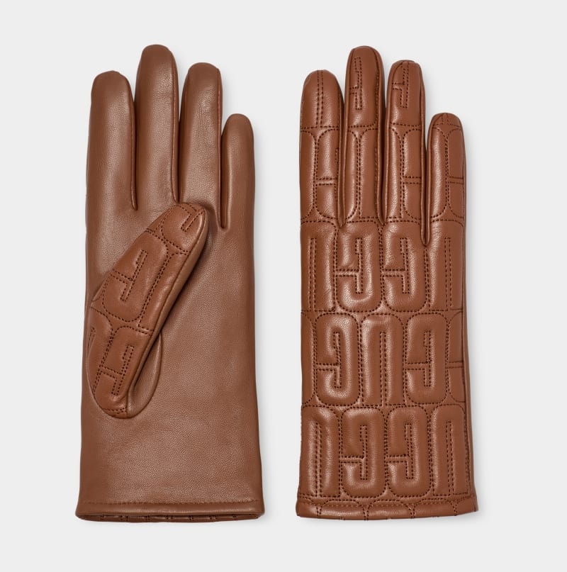 Brown Ugg Leather Quilted Logo Women's Gloves | South Africa-0194583