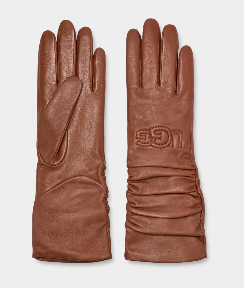 Brown Ugg Leather Scrunched Logo Women's Gloves | South Africa-2043187