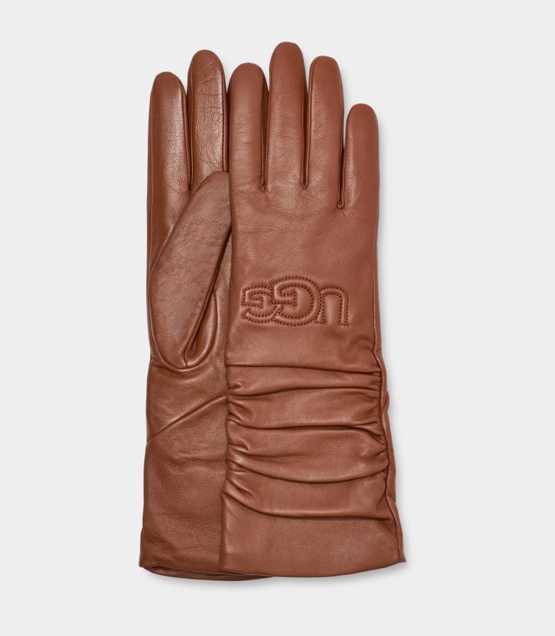 Brown Ugg Leather Scrunched Logo Women\'s Gloves | South Africa-2043187