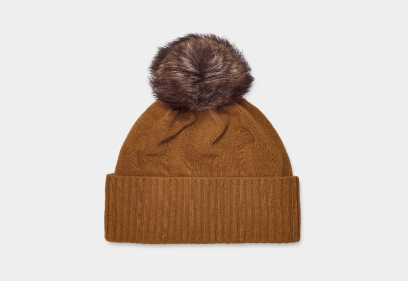 Brown Ugg Pryce Rib Knit Pom Women\'s Hats | South Africa-0189425