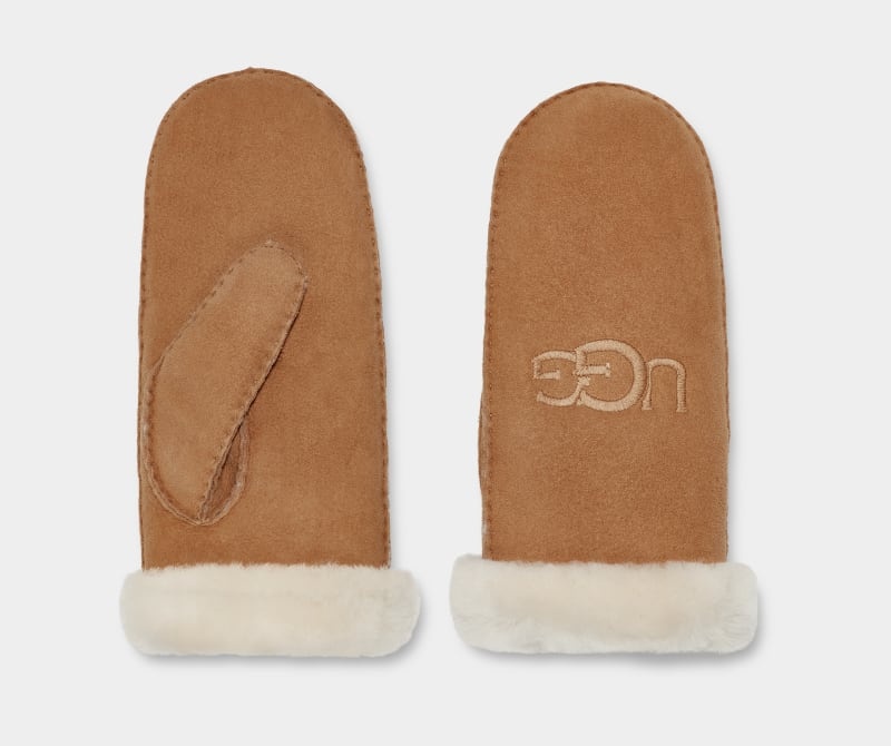 Brown Ugg Shearling Ugg Embroider Women's Mittens | South Africa-9645087