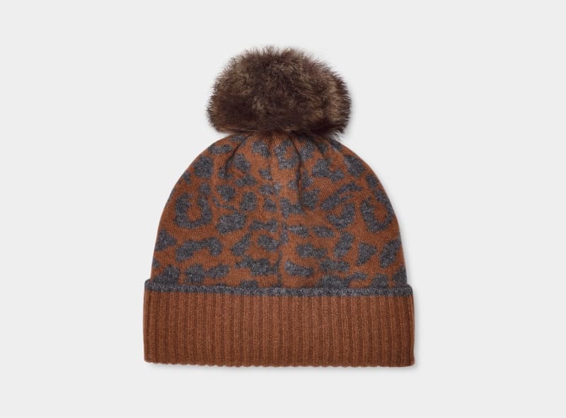 Grey Ugg Pryce Leopard Rib Knit Pom Women's Hats | South Africa-1483509