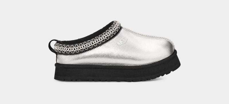 Silver Metal Ugg Tazz Leather Kids\' Slippers | South Africa-4657218