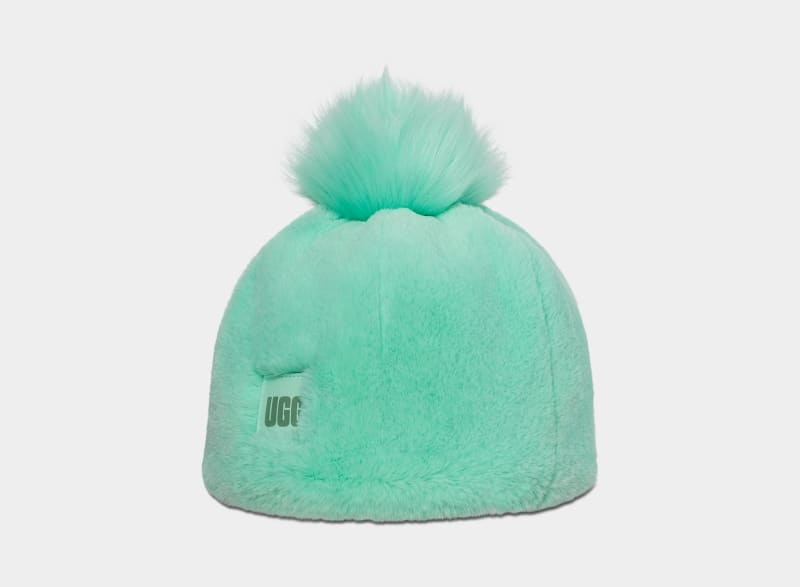 Turquoise Ugg Faux Fur W Pom Women's Beanie | South Africa-0628945