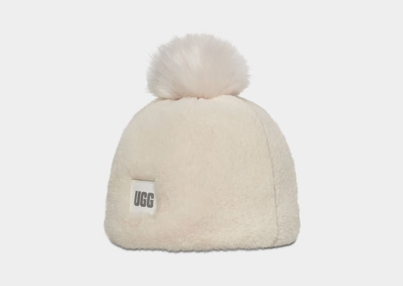 White Ugg Faux Fur W Pom Women's Beanie | South Africa-4356928